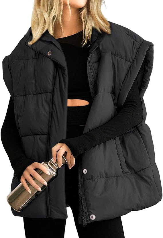 Songling Women's Oversized Down Vest with Stand Collar, Full Zipper, Sleeveless, Bubble Down Vest, Quilted, Thickened, Warm Outerwear